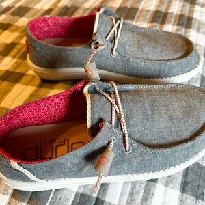 Hey Dude Denim Blue Shoes with Pink Interior